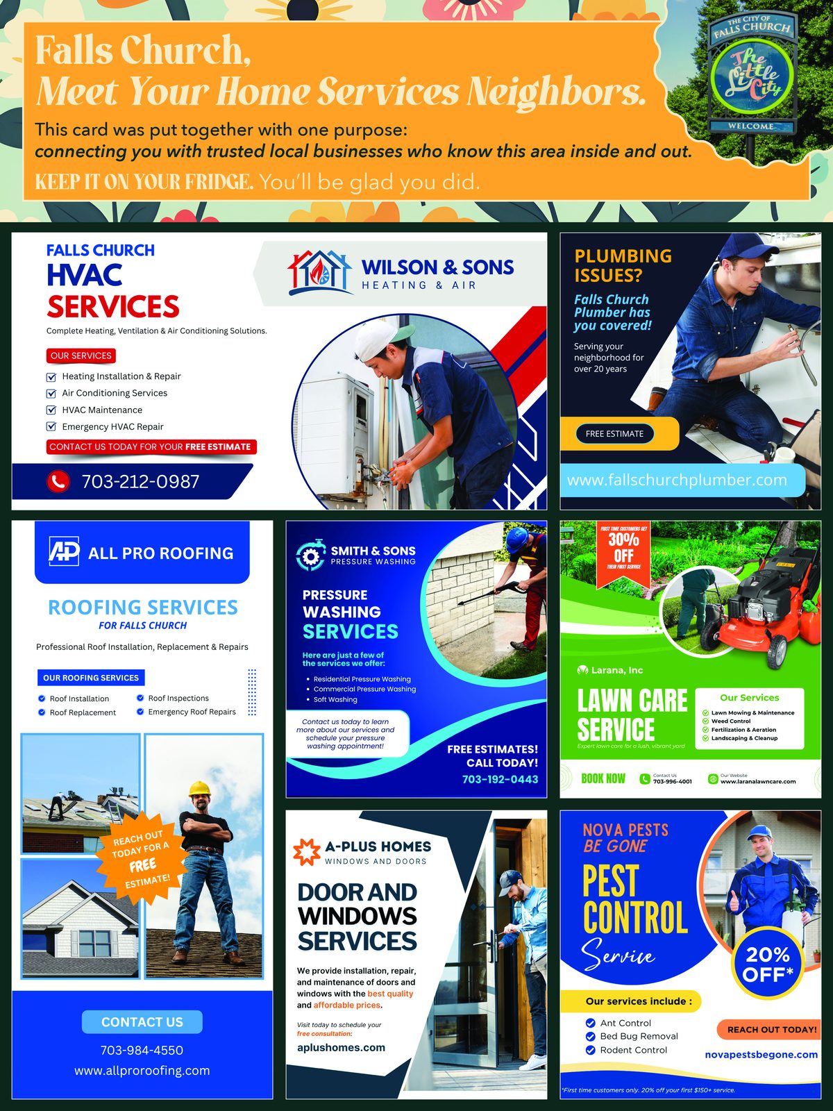 Curb Appeal Mail postcard design, sized 9 by 12 inches, featuring a lineup of local businesses in labeled category spots